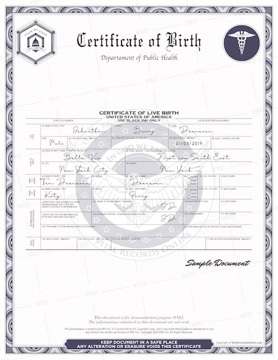 Official New York Birth Certificate Birth Records Copy 